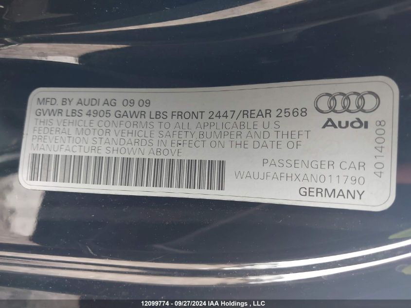 2010 Audi A5 VIN: WAUJFAFHXAN011790 Lot: 12099774