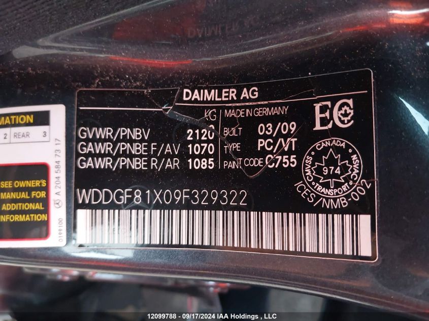 2009 Mercedes-Benz C 300 4Matic VIN: WDDGF81X09F329322 Lot: 12099788