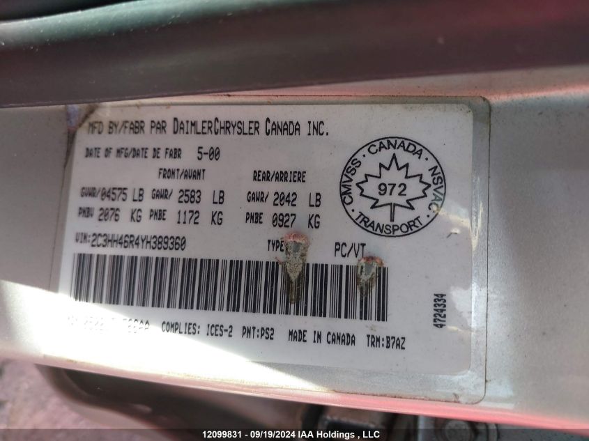 2000 Chrysler Intrepid VIN: 2C3HH46R4YH389360 Lot: 12099831