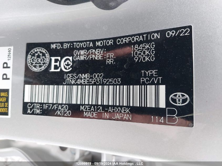 2023 Toyota Corolla VIN: JTNK4MBE5P3192503 Lot: 12099919