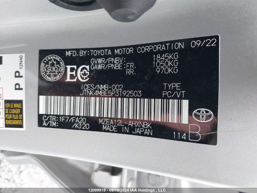 2023 Toyota Corolla VIN: JTNK4MBE5P3192503 Lot: 12099919