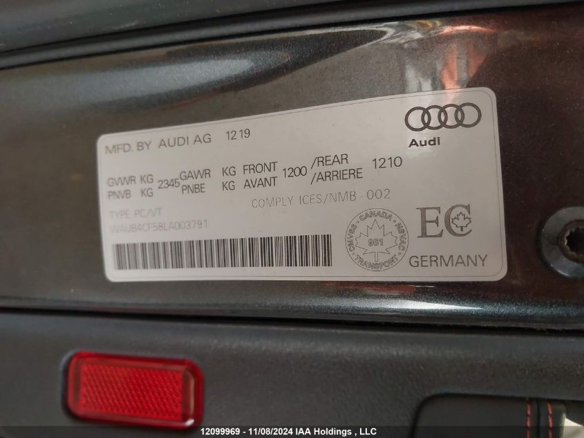 2020 Audi S5 Sportback VIN: WAUB4CF58LA003791 Lot: 12099969