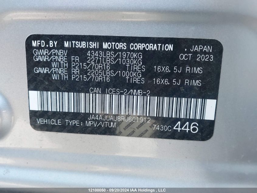 2024 Mitsubishi Rvr Es VIN: JA4AJUAU8RU601912 Lot: 12100050