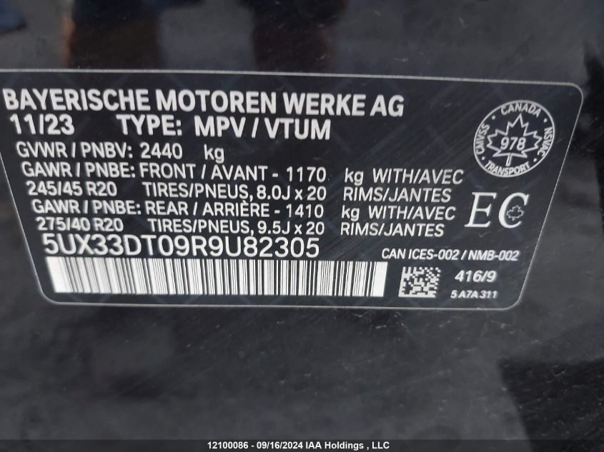 2024 BMW X4 VIN: 5UX33DT09R9U82305 Lot: 12100086