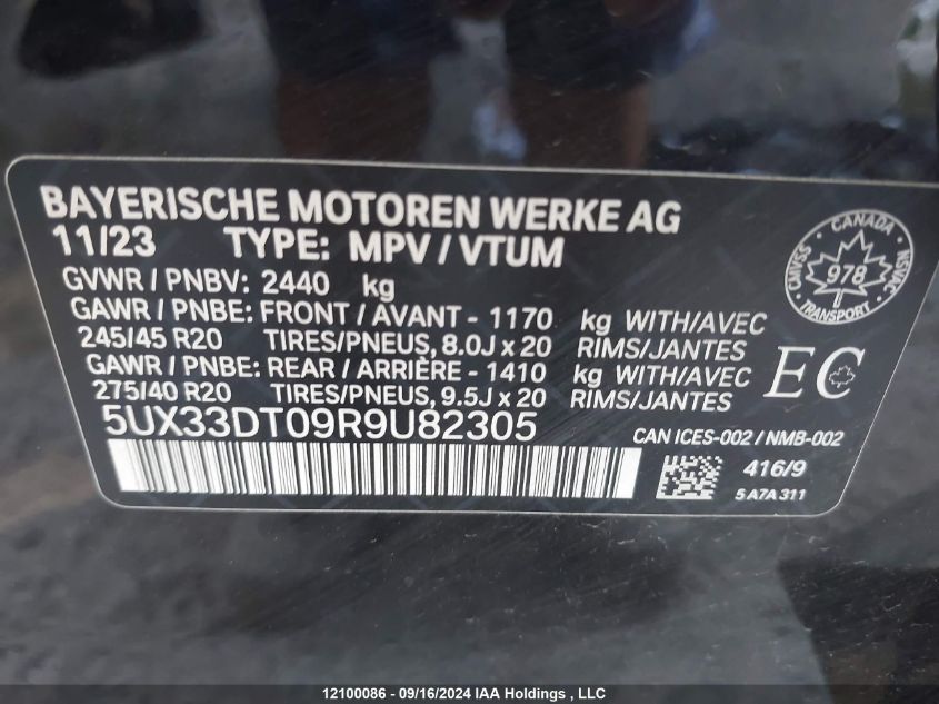 2024 BMW X4 VIN: 5UX33DT09R9U82305 Lot: 12100086