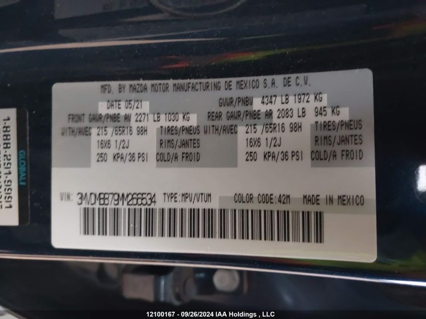 2021 Mazda Cx-30 Gx VIN: 3MVDMBB79MM266534 Lot: 12100167
