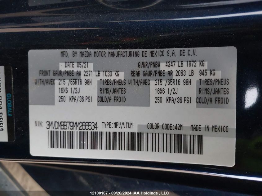 2021 Mazda Cx-30 Gx VIN: 3MVDMBB79MM266534 Lot: 12100167