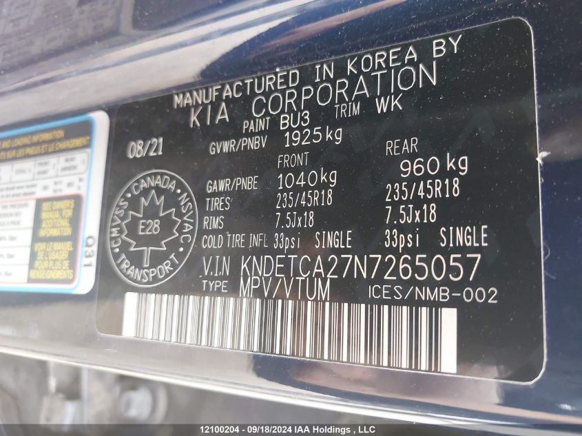 2022 Kia Seltos VIN: KNDETCA27N7265057 Lot: 12100204