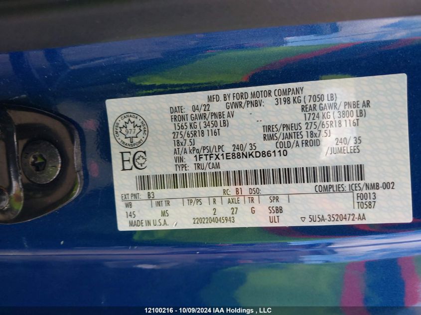 2022 Ford F-150 VIN: 1FTFX1E88NKD86110 Lot: 12100216