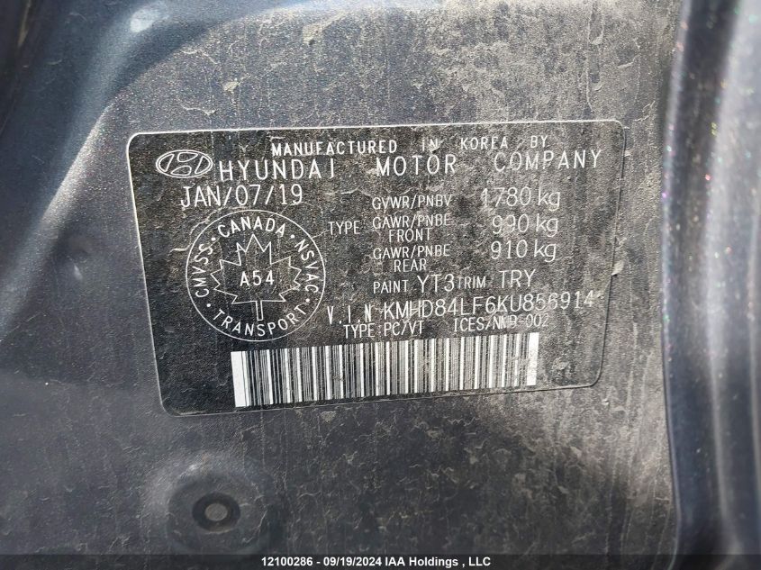 2019 Hyundai Elantra Sel/Value/Limited VIN: KMHD84LF6KU856914 Lot: 12100286