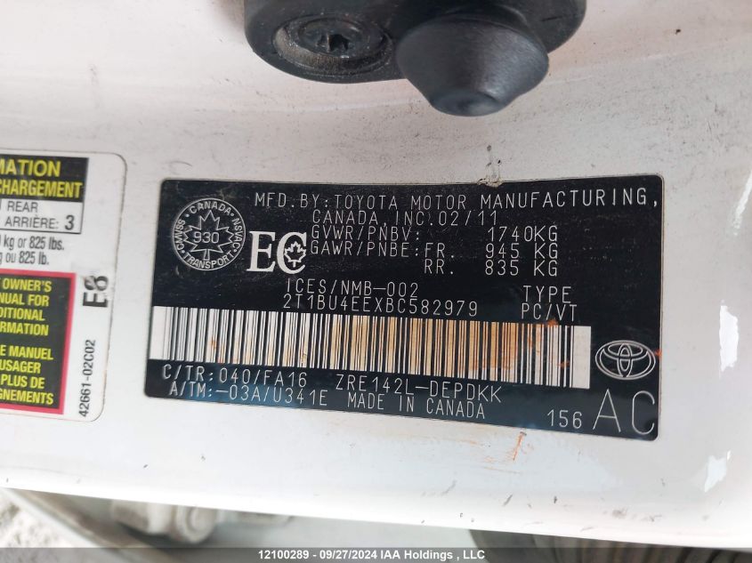 2011 Toyota Corolla S/Le VIN: 2T1BU4EEXBC582979 Lot: 12100289