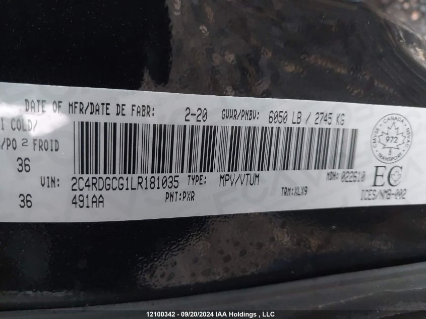 2020 Dodge Grand Caravan Premium Plus VIN: 2C4RDGCG1LR181035 Lot: 12100342