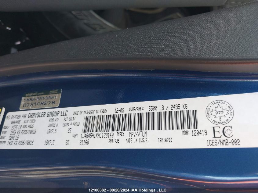 2010 Jeep Wrangler Unlimited Sahara VIN: 1J4BA5H1XAL138140 Lot: 12100382