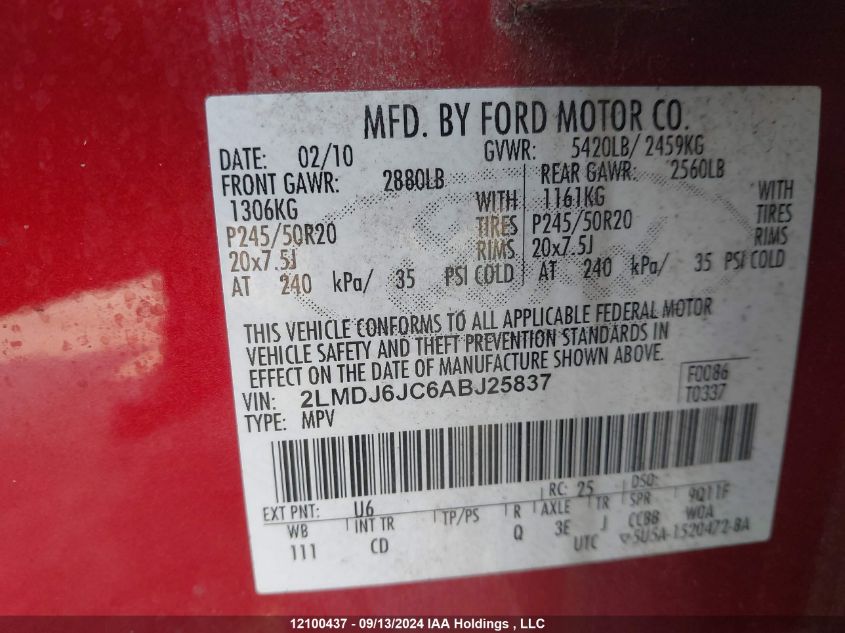 2010 Lincoln Mkx VIN: 2LMDJ6JC6ABJ25837 Lot: 12100437