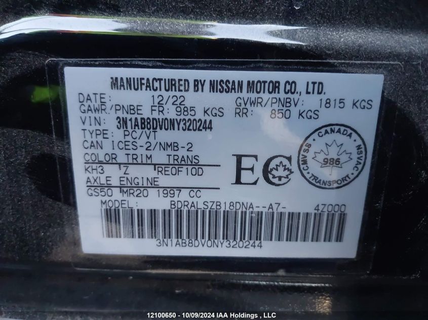 2022 Nissan Sentra VIN: 3N1AB8DV0NY320244 Lot: 12100650