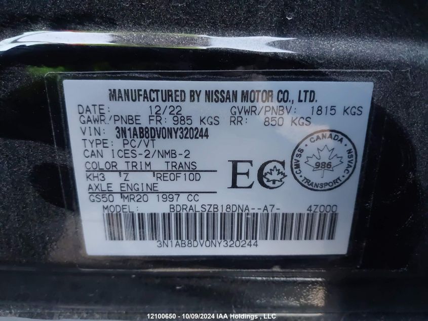 2022 Nissan Sentra VIN: 3N1AB8DV0NY320244 Lot: 12100650