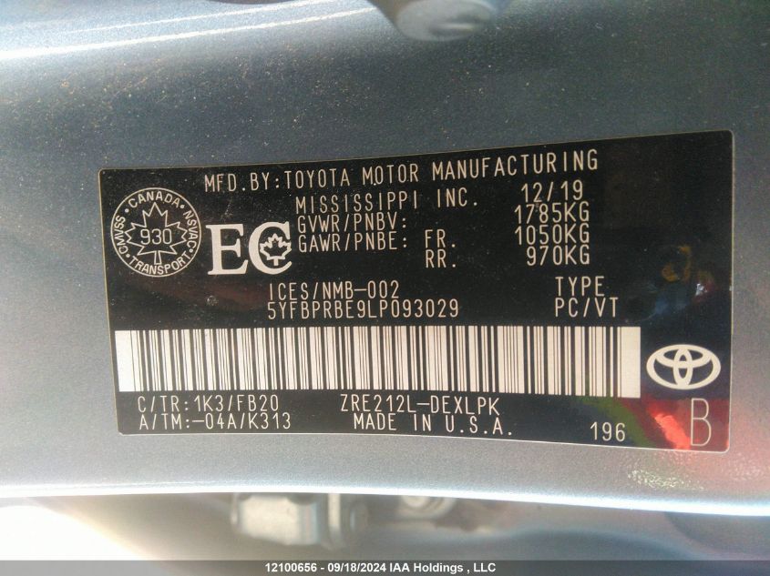 2020 Toyota Corolla Le VIN: 5YFBPRBE9LP093029 Lot: 12100656