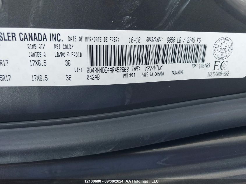 2010 Dodge Grand Caravan Se VIN: 2D4RN4DE4AR452663 Lot: 12100680