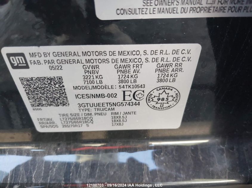 2022 GMC Sierra 1500 VIN: 3GTUUEET5NG574344 Lot: 12100703