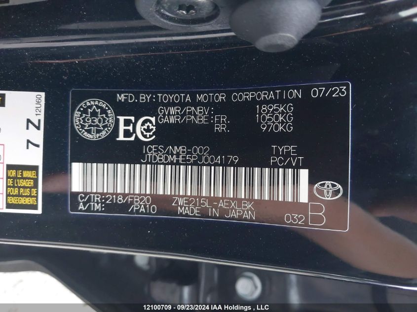 2023 Toyota Corolla Le/Se/Night Shade VIN: JTDBDMHE5PJ004179 Lot: 12100709