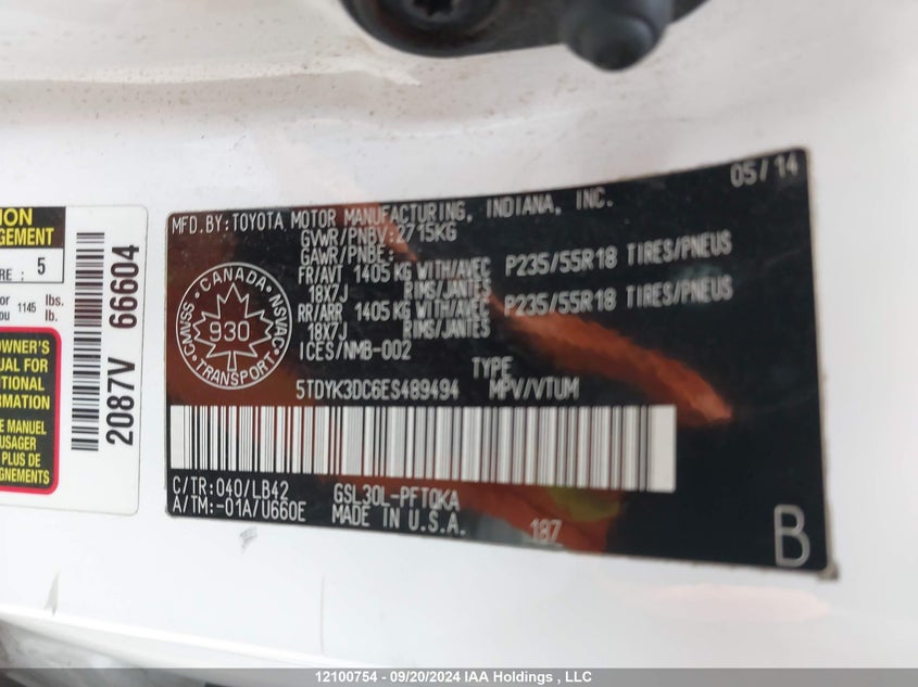 2014 Toyota Sienna Xle/Limited VIN: 5TDYK3DC6ES489494 Lot: 12100754