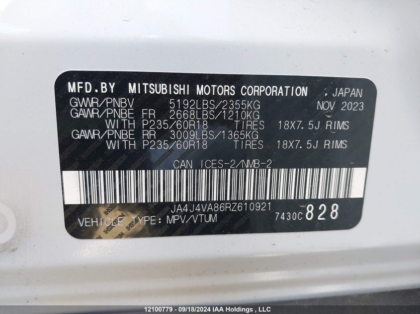2024 Mitsubishi Outlander VIN: JA4J4VA86RZ610921 Lot: 12100779
