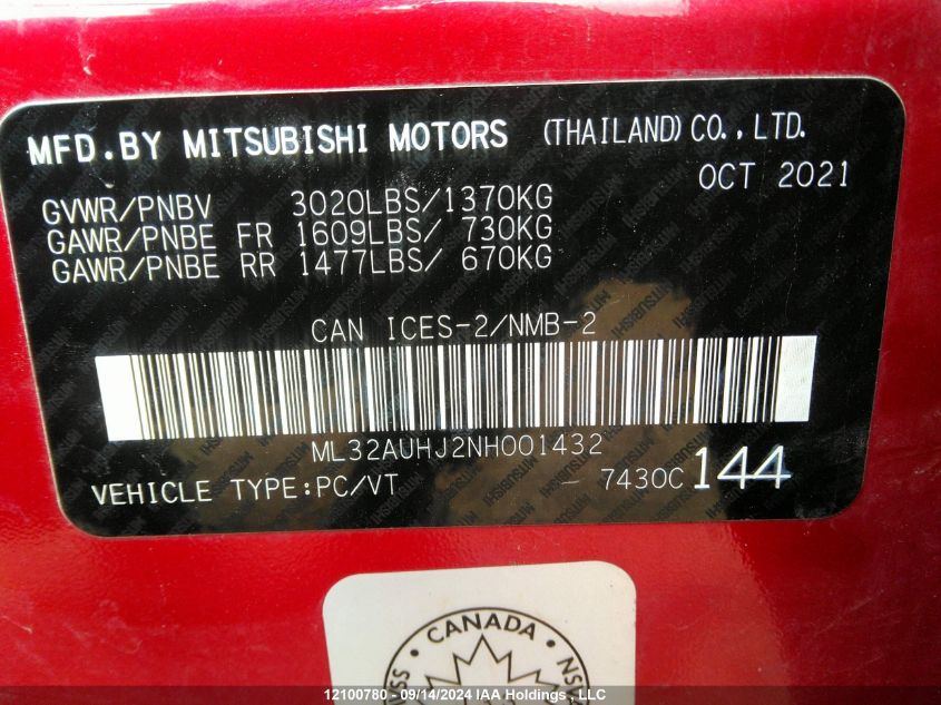 2022 Mitsubishi Mirage VIN: ML32AUHJ2NH001432 Lot: 12100780