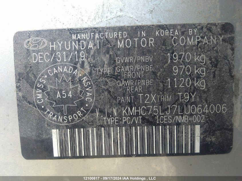 2020 Hyundai Ioniq Se VIN: KMHC75LJ7LU064006 Lot: 12100817