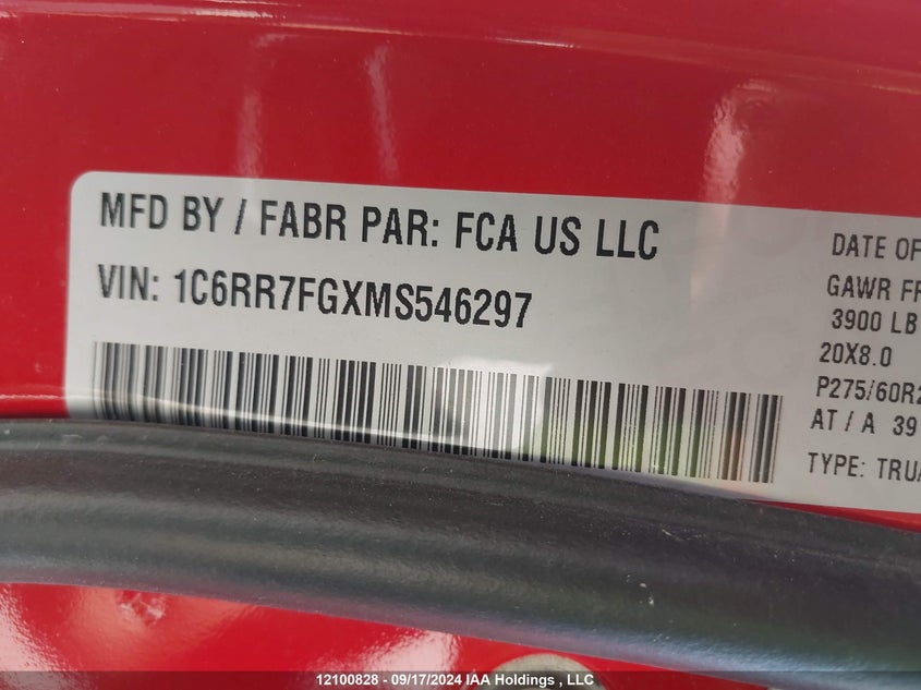 2021 Dodge Ram 1500 VIN: 1C6RR7FGXMS546297 Lot: 12100828