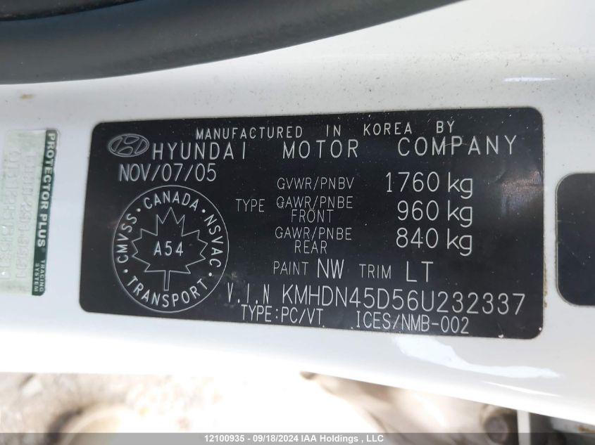 2006 Hyundai Elantra VIN: KMHDN45D56U232337 Lot: 12100935