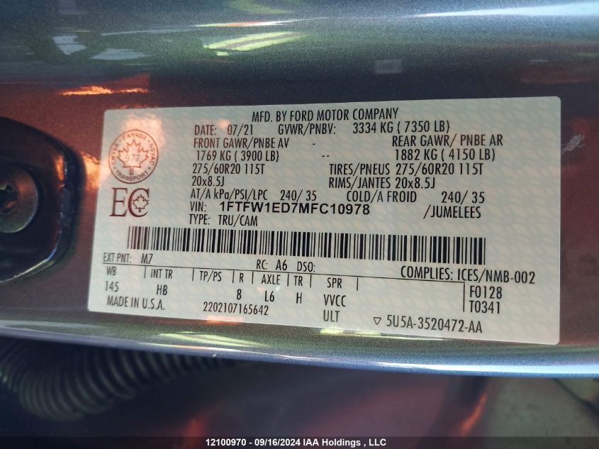 2021 Ford F150 Supercrew VIN: 1FTFW1ED7MFC10978 Lot: 12100970