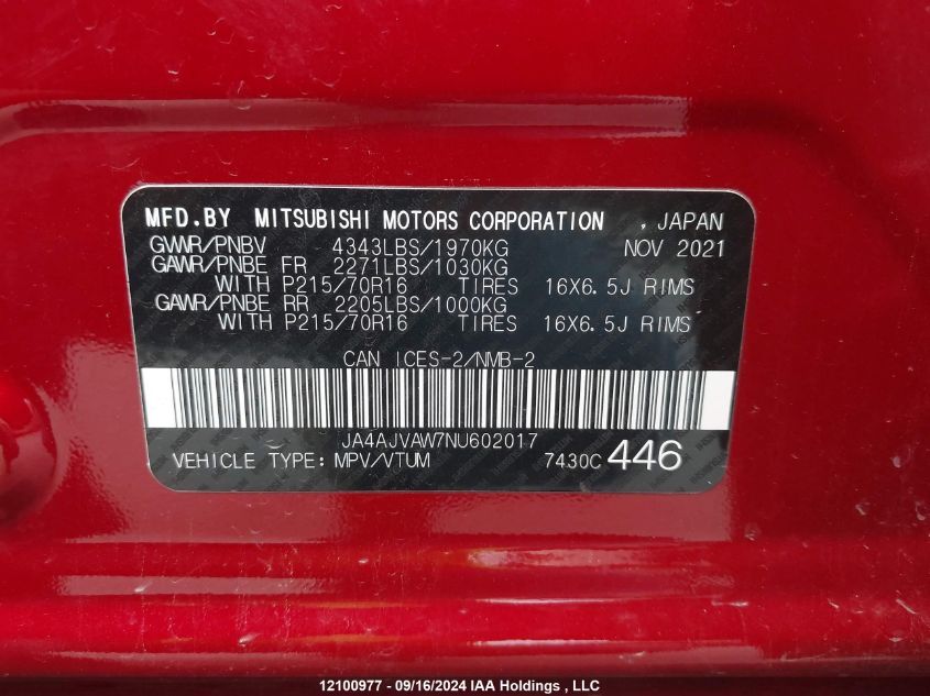 2022 Mitsubishi Rvr VIN: JA4AJVAW7NU602017 Lot: 12100977