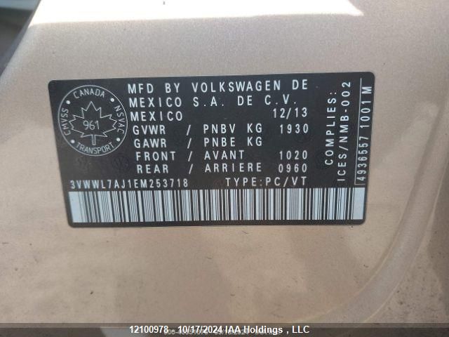 2014 Volkswagen Jetta Sedan VIN: 3VWWL7AJ1EM253718 Lot: 12100978