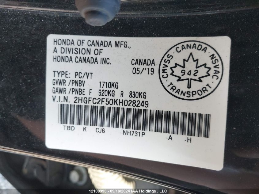 2019 Honda Civic Sedan VIN: 2HGFC2F50KH028249 Lot: 12100995