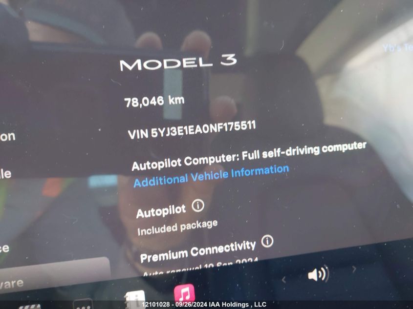 2022 Tesla Model 3 VIN: 5YJ3E1EA0NF175511 Lot: 12101028