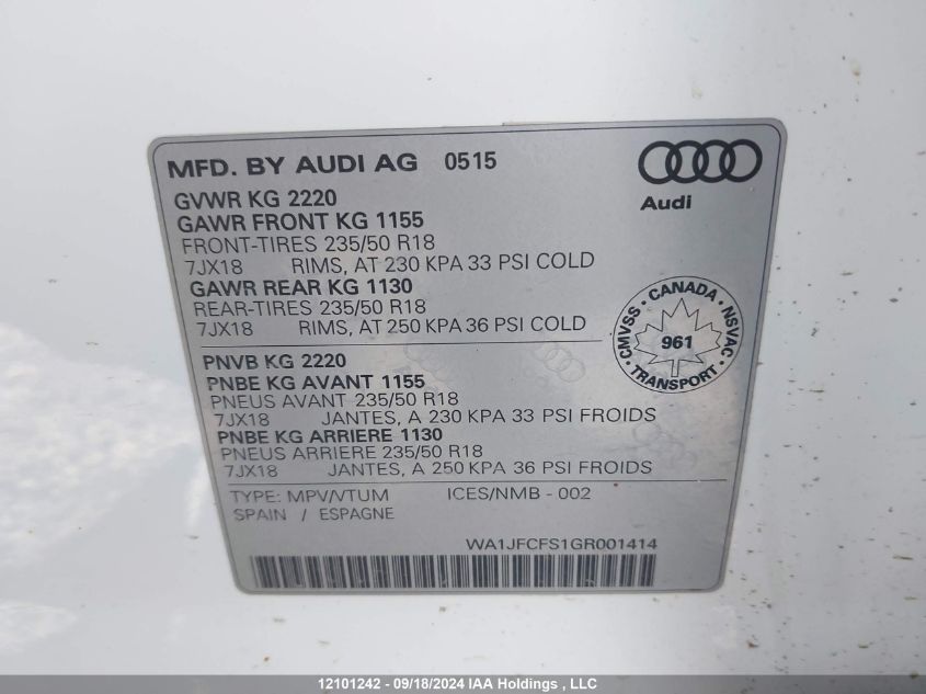 2016 Audi Q3 VIN: WA1JFCFS1GR001414 Lot: 12101242