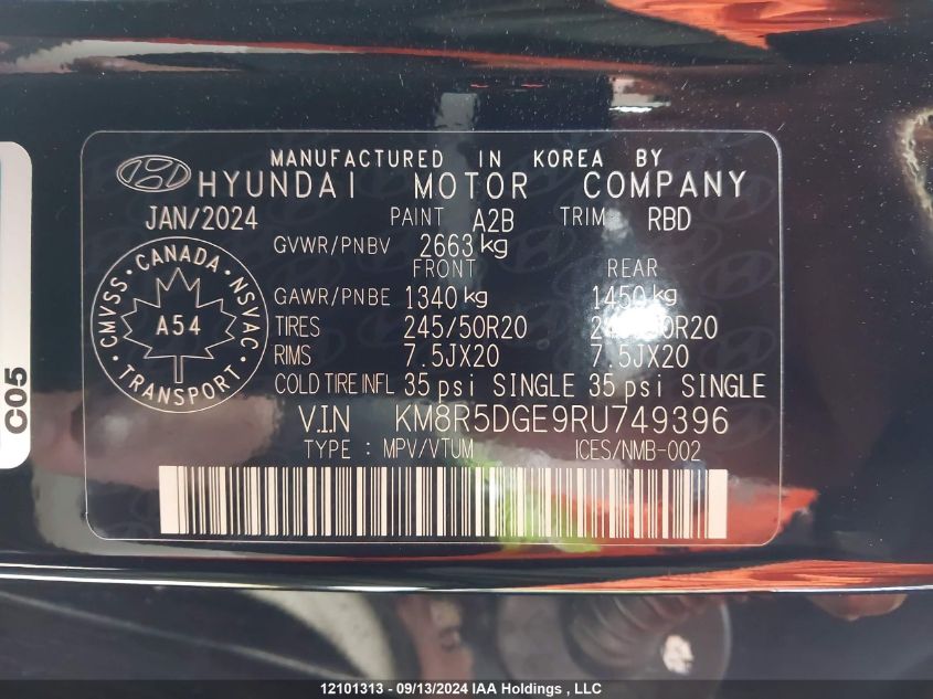 2024 Hyundai Palisade Limited VIN: KM8R5DGE9RU749396 Lot: 12101313