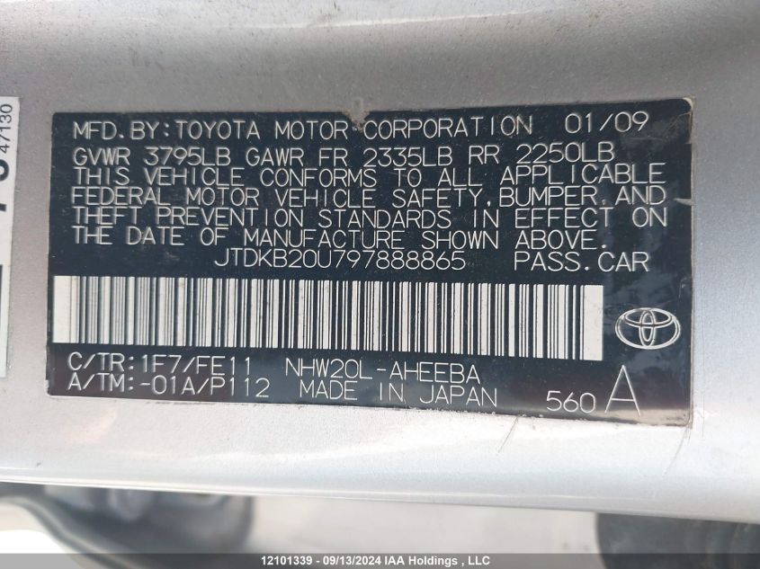 2009 Toyota Prius VIN: JTDKB20U797888865 Lot: 12101339