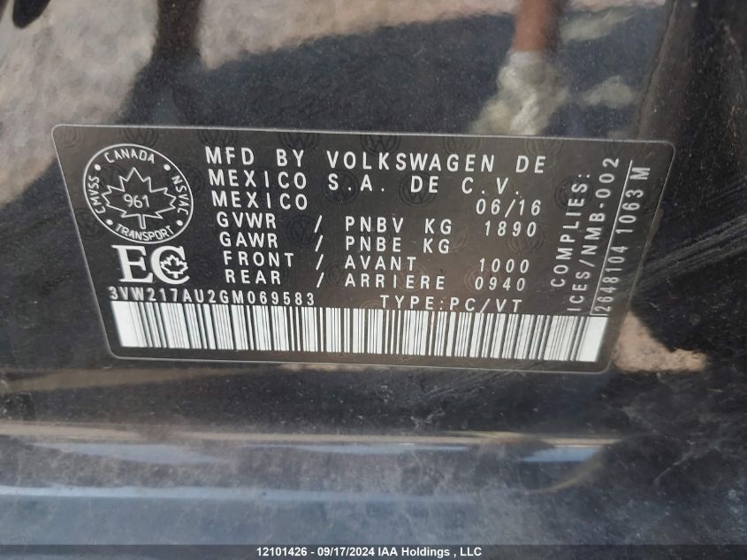 2016 Volkswagen Golf VIN: 3VW217AU2GM069583 Lot: 12101426