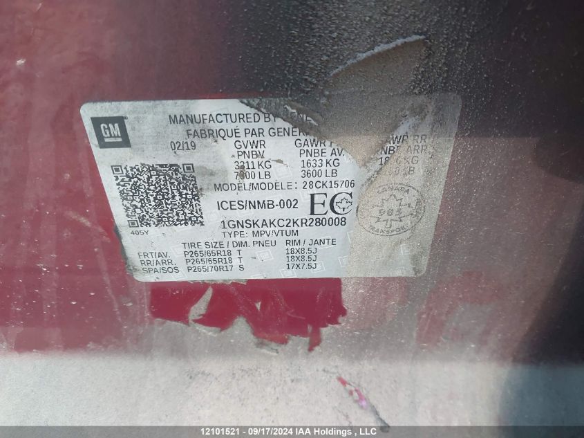 2019 Chevrolet Tahoe VIN: 1GNSKAKC2KR280008 Lot: 12101521