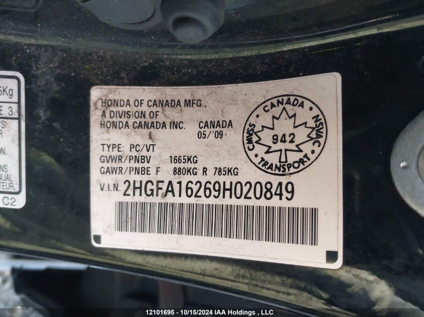 2009 Honda Civic Sdn VIN: 2HGFA16269H020849 Lot: 12101695