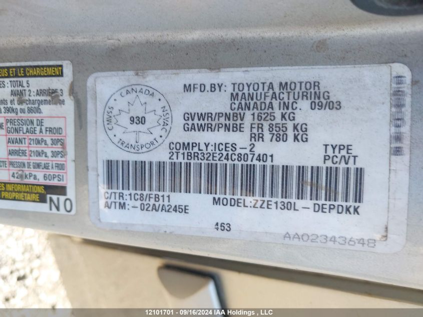 2004 Toyota Corolla Ce/Le/S VIN: 2T1BR32E24C807401 Lot: 12101701