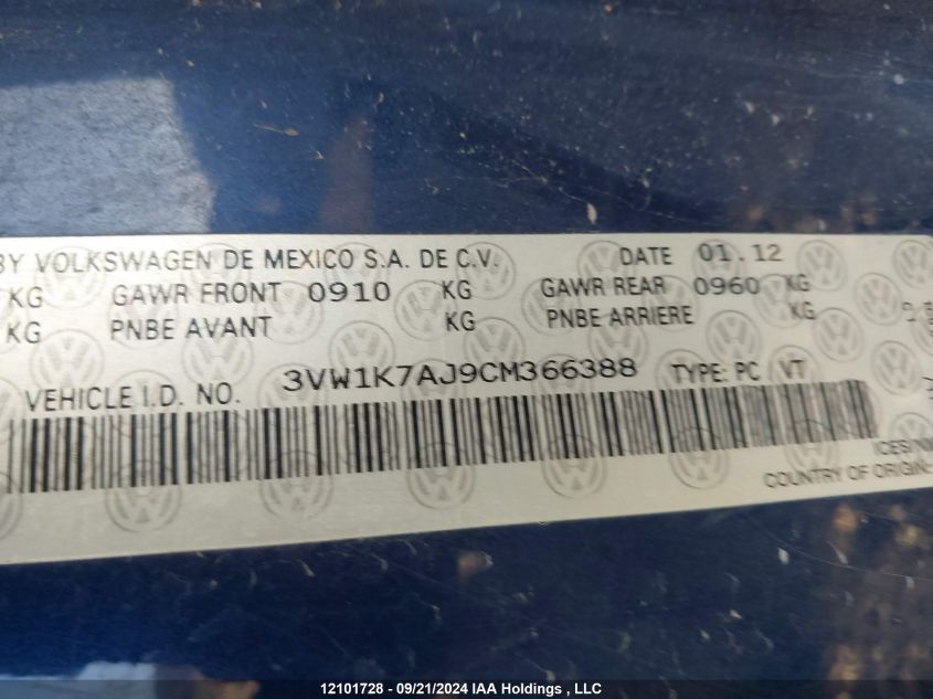 2012 Volkswagen Jetta Sedan VIN: 3VW1K7AJ9CM366388 Lot: 12101728