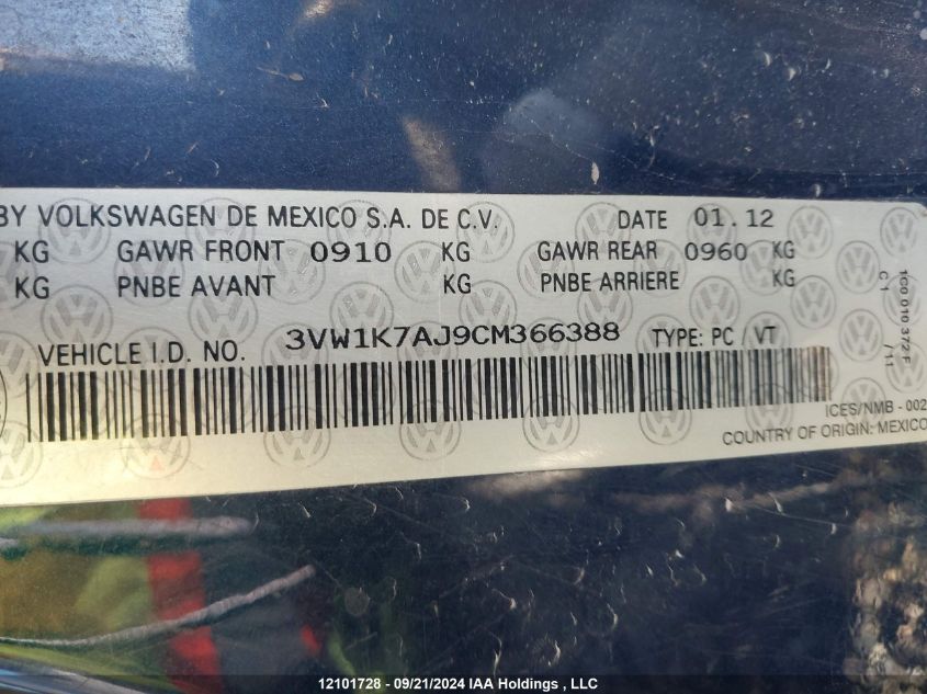 2012 Volkswagen Jetta Sedan VIN: 3VW1K7AJ9CM366388 Lot: 12101728