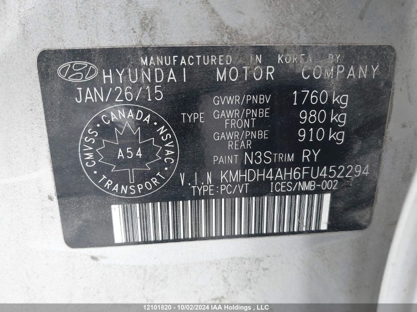 KMHDH4AH6FU452294 2015 Hyundai Elantra