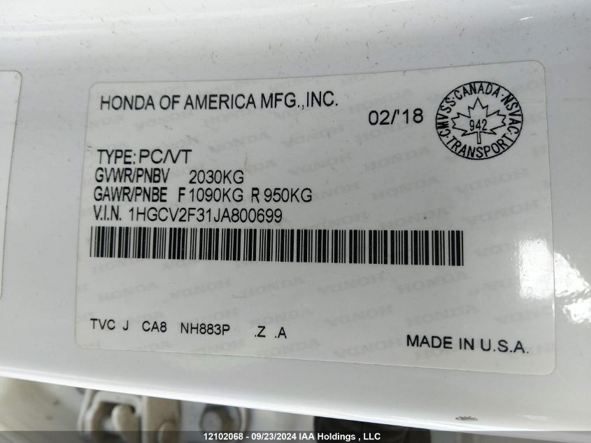 1HGCV2F31JA800699 2018 Honda Accord Sedan