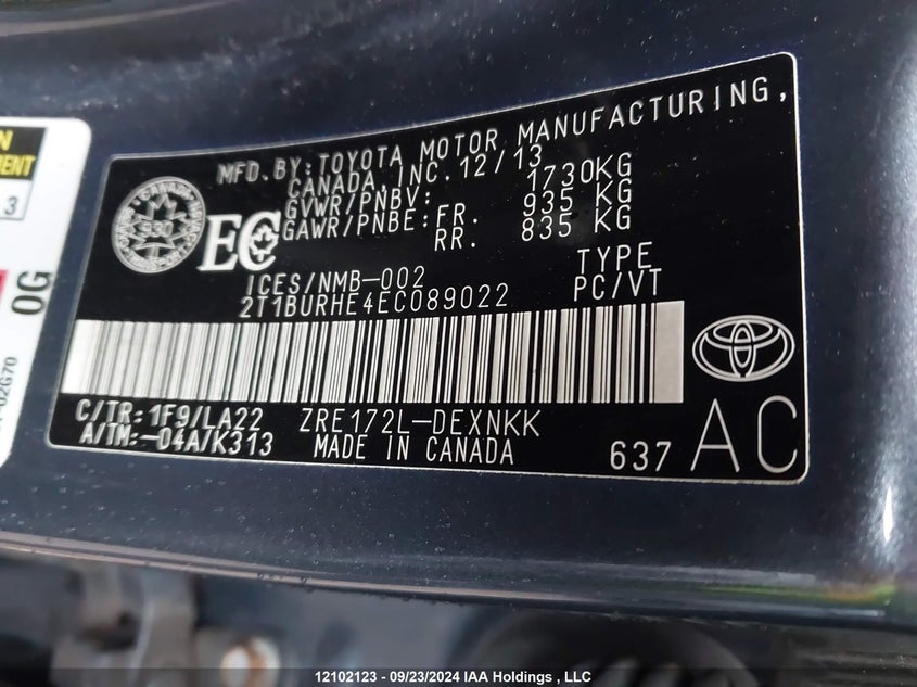 2014 Toyota Corolla Le VIN: 2T1BURHE4EC089022 Lot: 12102123