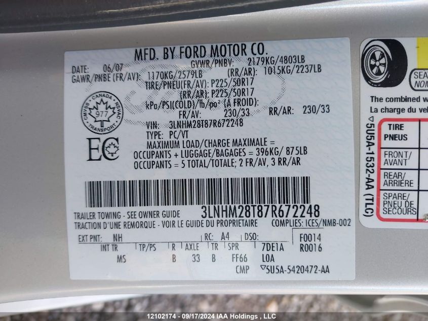 2007 Lincoln Mkz VIN: 3LNHM28T87R672248 Lot: 12102174