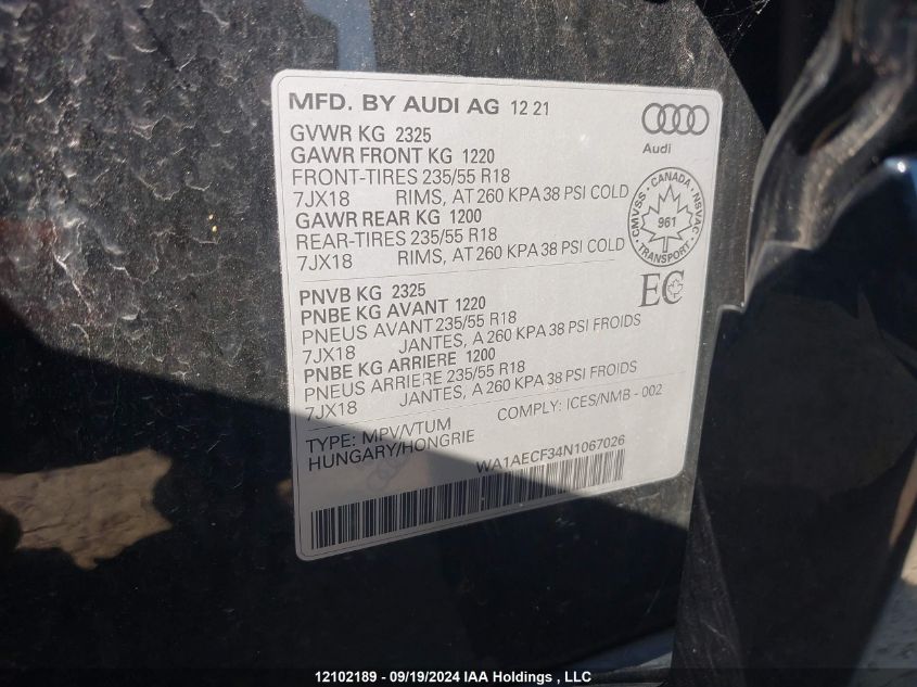 2022 Audi Q3 VIN: WA1AECF34N1067026 Lot: 12102189