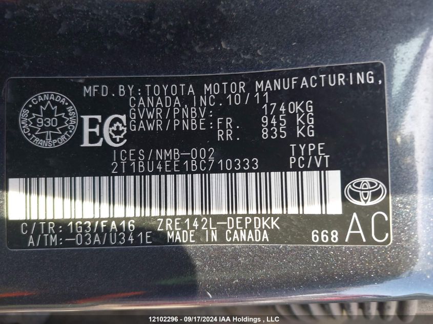 2T1BU4EE1BC710333 2011 Toyota Corolla S/Le